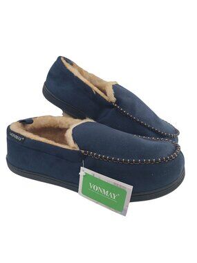 NEW Vonmay Men's Navy Blue Moccasin Slippers With Faux Fur Lining Size 12